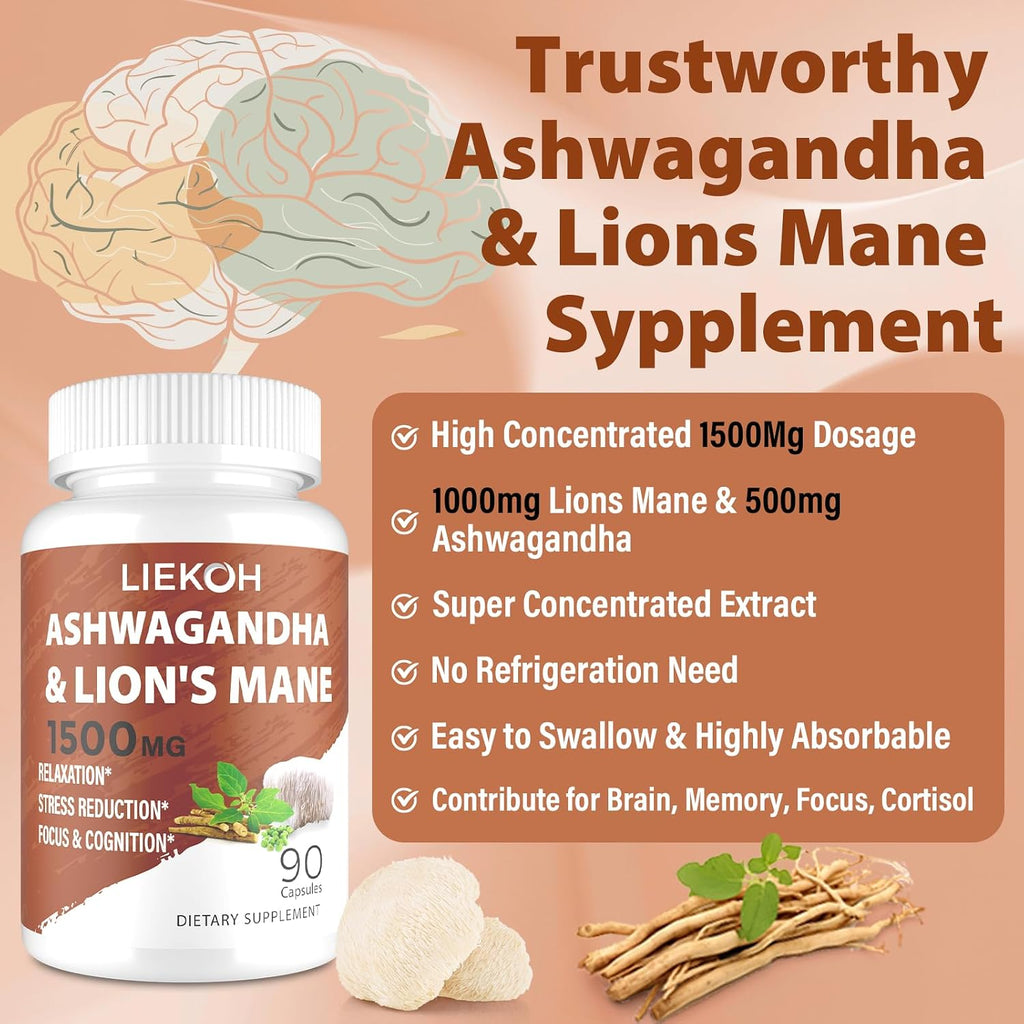 Lions Mane Supplement Capsules & Ashwagandha, Brain Health Supplement for Memory and Focus, Ashwagandha Supplements with Rhodiola & Black Pepper, Cortisol Supplements for Women & Men,90 Caps