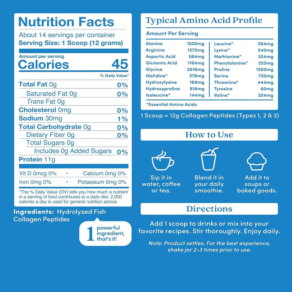 Unflavored Marine Collagen Peptides Powder, Wild-Caught Sustainably Sourced Fish, Hydrolyzed Type 1, 2 & 3, 12G Protein, 5.93 Oz