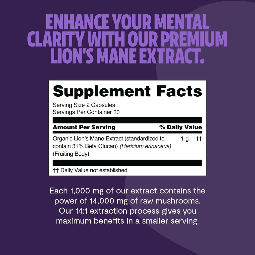 Premium Organic Lions Mane Capsules - 14:1 Fruiting Body Extract with 31% Beta-Glucans - 3Rd-Party Tested Nootropic for Clarity, Focus & Cognitive Support (180 Capsules)