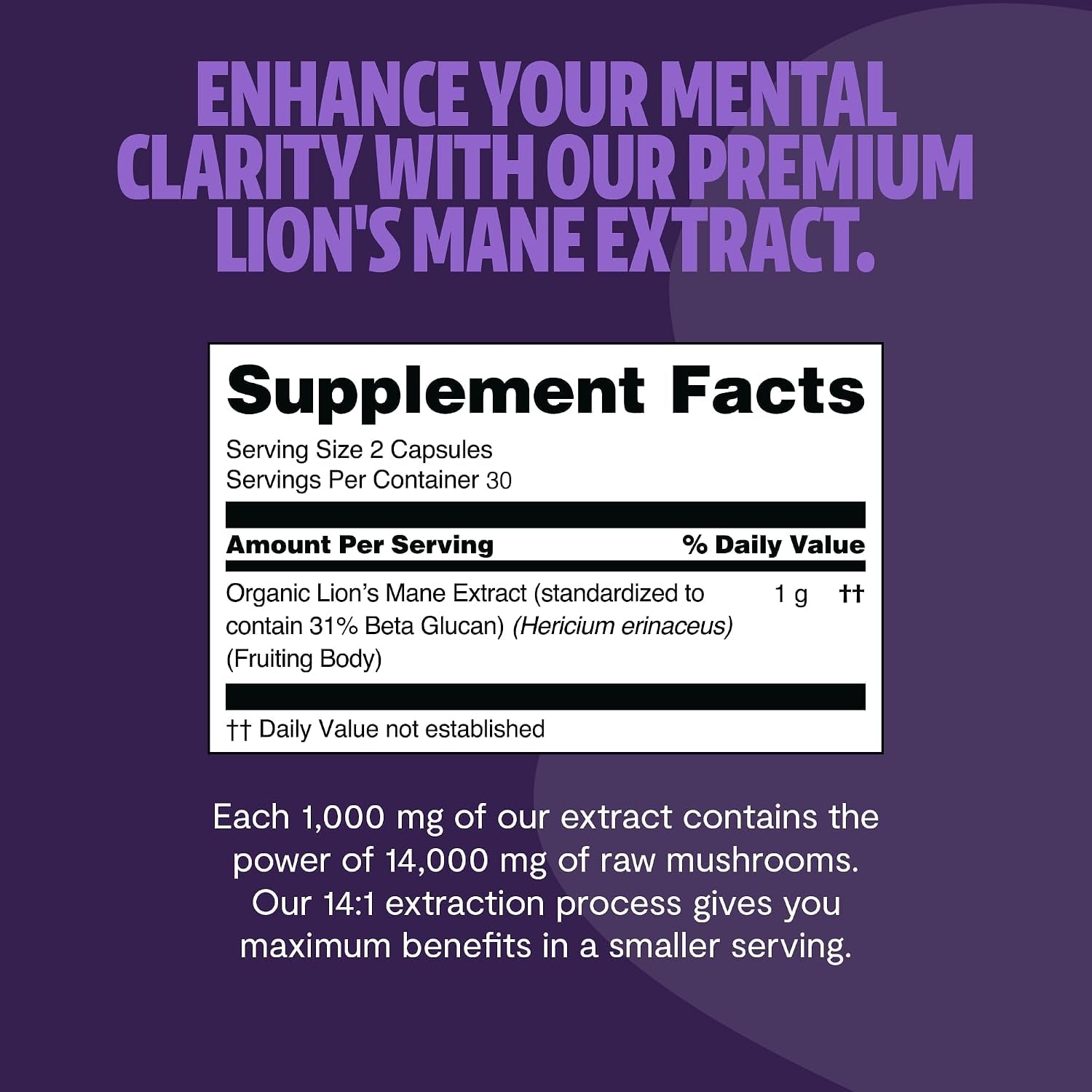 Premium Organic Lions Mane Capsules - 14:1 Fruiting Body Extract with 31% Beta-Glucans - 3Rd-Party Tested Nootropic for Clarity, Focus & Cognitive Support (180 Capsules)