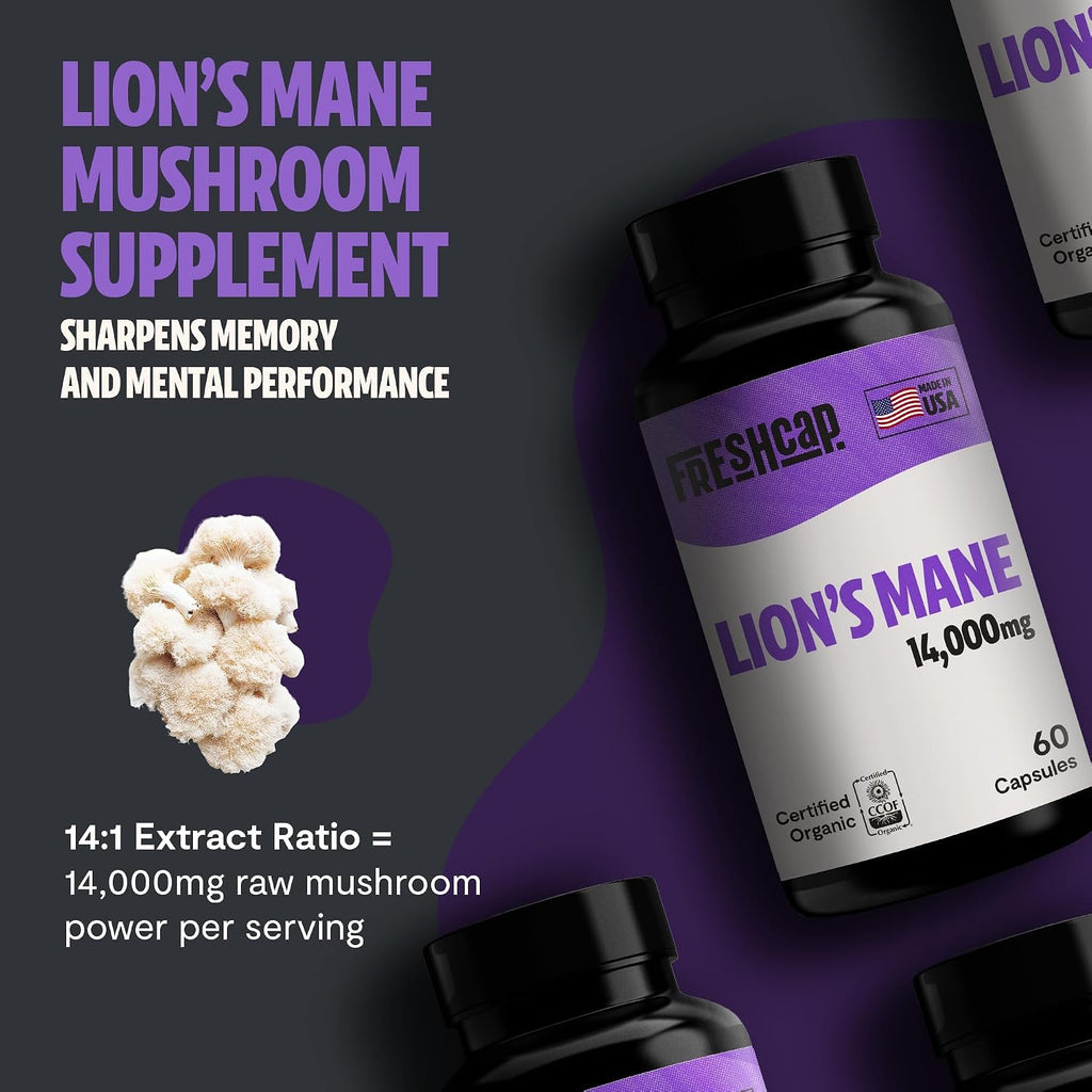 Premium Organic Lions Mane Capsules - 14:1 Fruiting Body Extract with 31% Beta-Glucans - 3Rd-Party Tested Nootropic for Clarity, Focus & Cognitive Support (180 Capsules)
