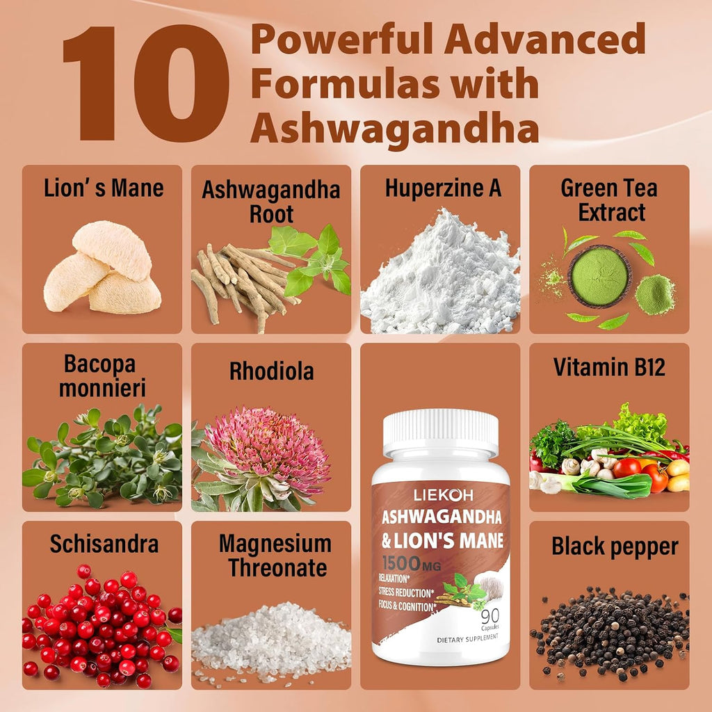 Lions Mane Supplement Capsules & Ashwagandha, Brain Health Supplement for Memory and Focus, Ashwagandha Supplements with Rhodiola & Black Pepper, Cortisol Supplements for Women & Men,90 Caps