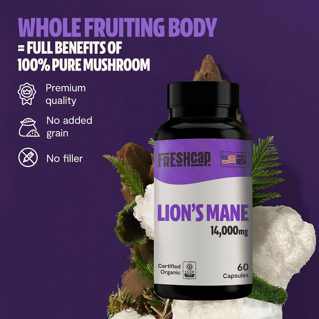 Premium Organic Lions Mane Capsules - 14:1 Fruiting Body Extract with 31% Beta-Glucans - 3Rd-Party Tested Nootropic for Clarity, Focus & Cognitive Support (180 Capsules)