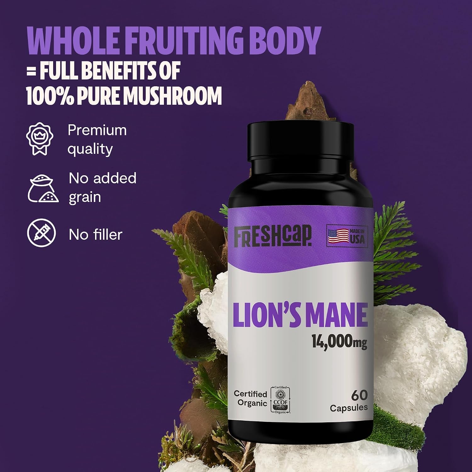Premium Organic Lions Mane Capsules - 14:1 Fruiting Body Extract with 31% Beta-Glucans - 3Rd-Party Tested Nootropic for Clarity, Focus & Cognitive Support (180 Capsules)