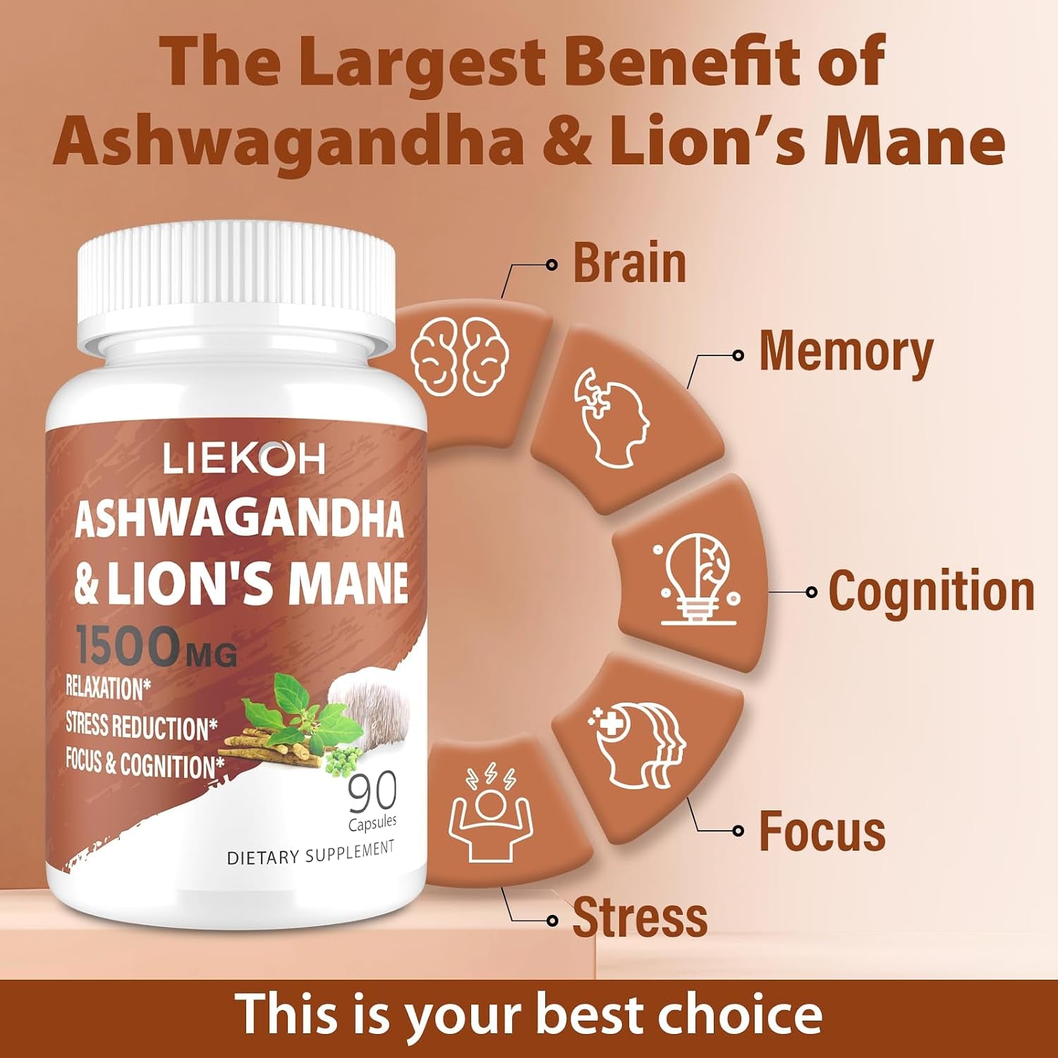 Lions Mane Supplement Capsules & Ashwagandha, Brain Health Supplement for Memory and Focus, Ashwagandha Supplements with Rhodiola & Black Pepper, Cortisol Supplements for Women & Men,90 Caps