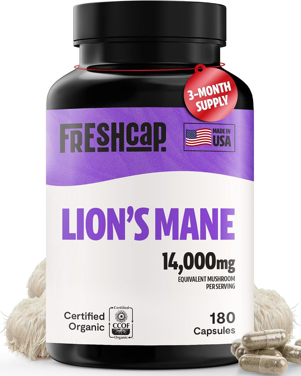 Premium Organic Lions Mane Capsules - 14:1 Fruiting Body Extract with 31% Beta-Glucans - 3Rd-Party Tested Nootropic for Clarity, Focus & Cognitive Support (180 Capsules)