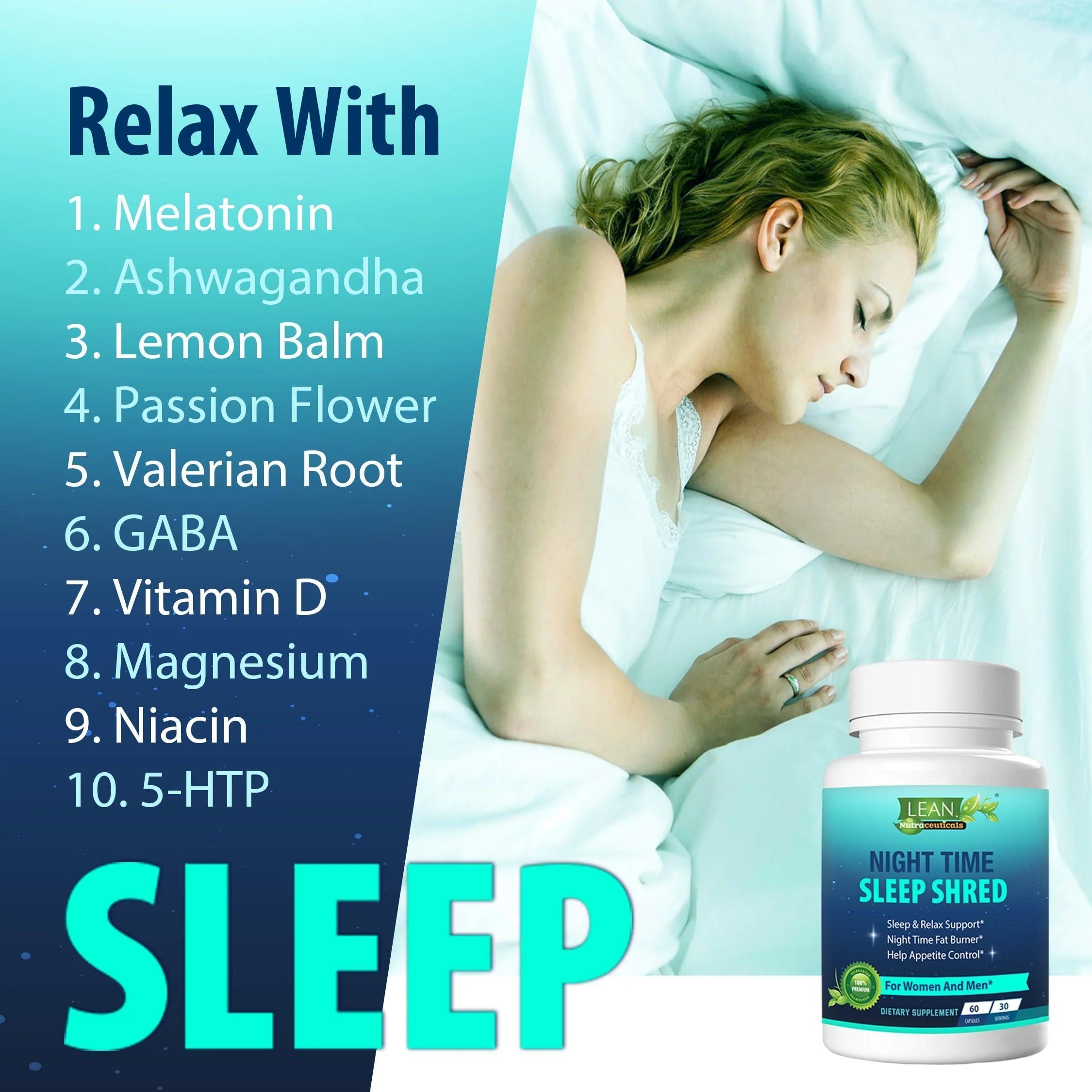 Weight Loss Sleep Aid Night Time Shred Fast Fat Burner, Melatonin L Theanine Cla Ashwagandha Valerian Root 5HTP Pill, Appetite Suppressant Metabolism Booster Calm Supplement for Women Men, 60 Capsule