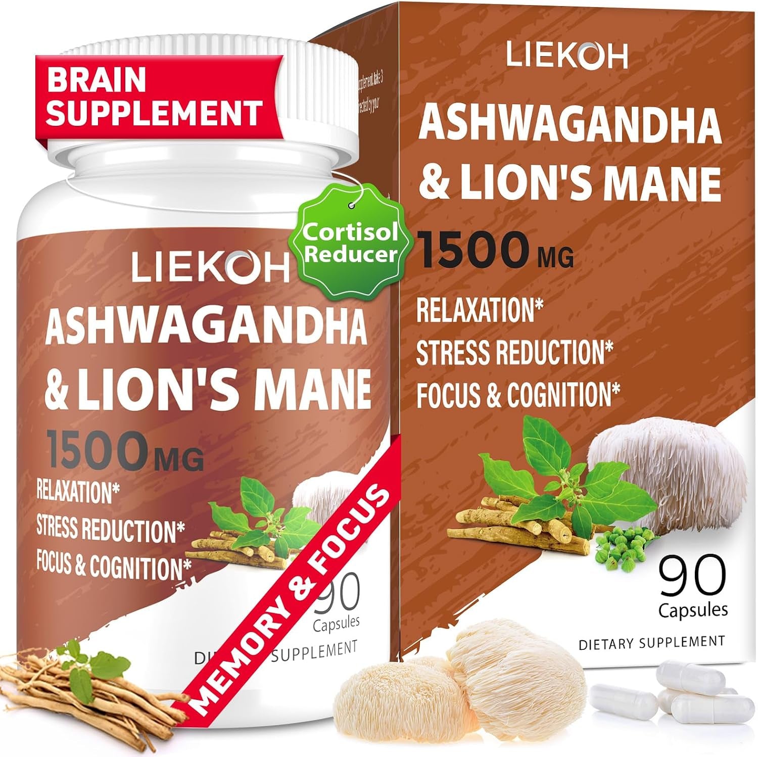 Lions Mane Supplement Capsules & Ashwagandha, Brain Health Supplement for Memory and Focus, Ashwagandha Supplements with Rhodiola & Black Pepper, Cortisol Supplements for Women & Men,90 Caps