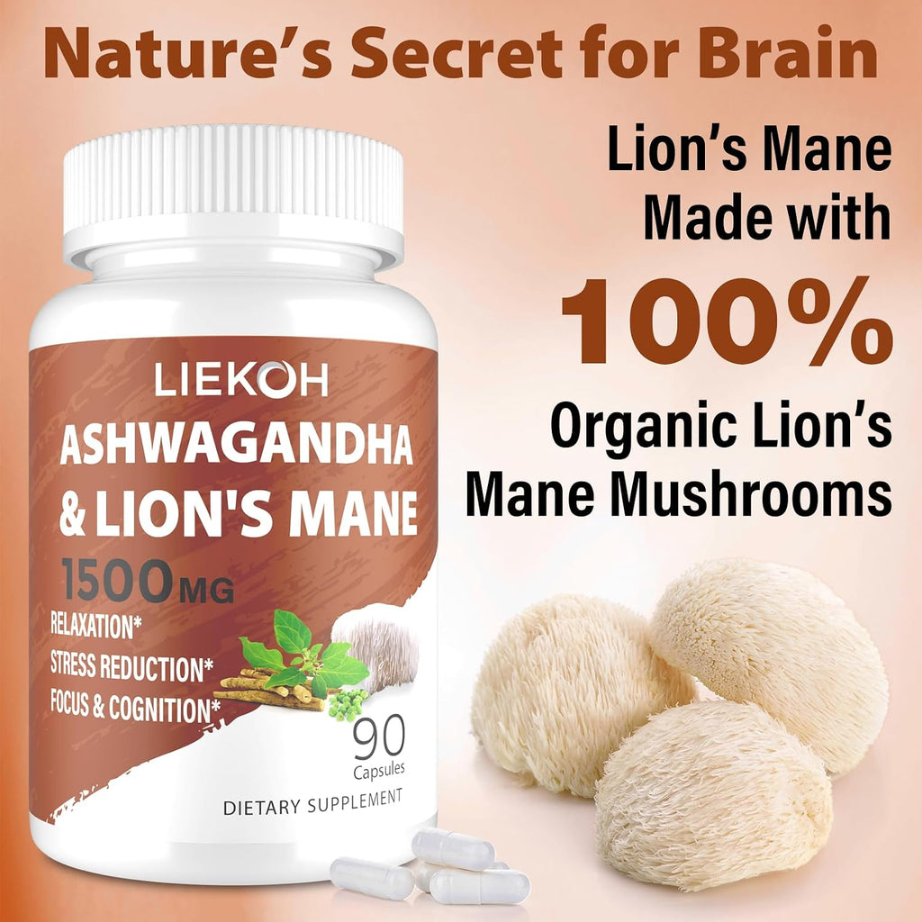 Lions Mane Supplement Capsules & Ashwagandha, Brain Health Supplement for Memory and Focus, Ashwagandha Supplements with Rhodiola & Black Pepper, Cortisol Supplements for Women & Men,90 Caps