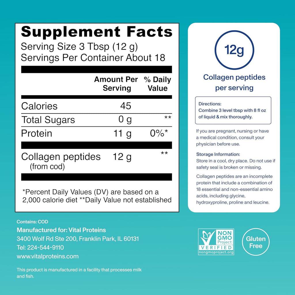 Vital Proteins Marine Collagen Peptides Powder Supplement for Skin Hair Nail Joint - Hydrolyzed Collagen - 12G per Serving - 7.8 Oz Canister