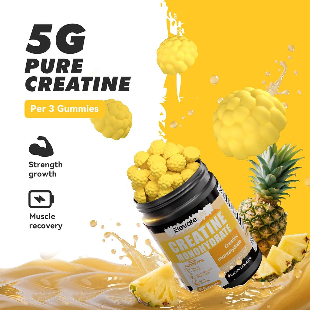 NSF Certified Creatine Monohydrate Gummies 5000Mg for Men & Women, Chewables Creatine Monohydrate for Muscle Strength, Muscle Builder, Energy Boost, Pre-Workout Supplement-90 Pineapple