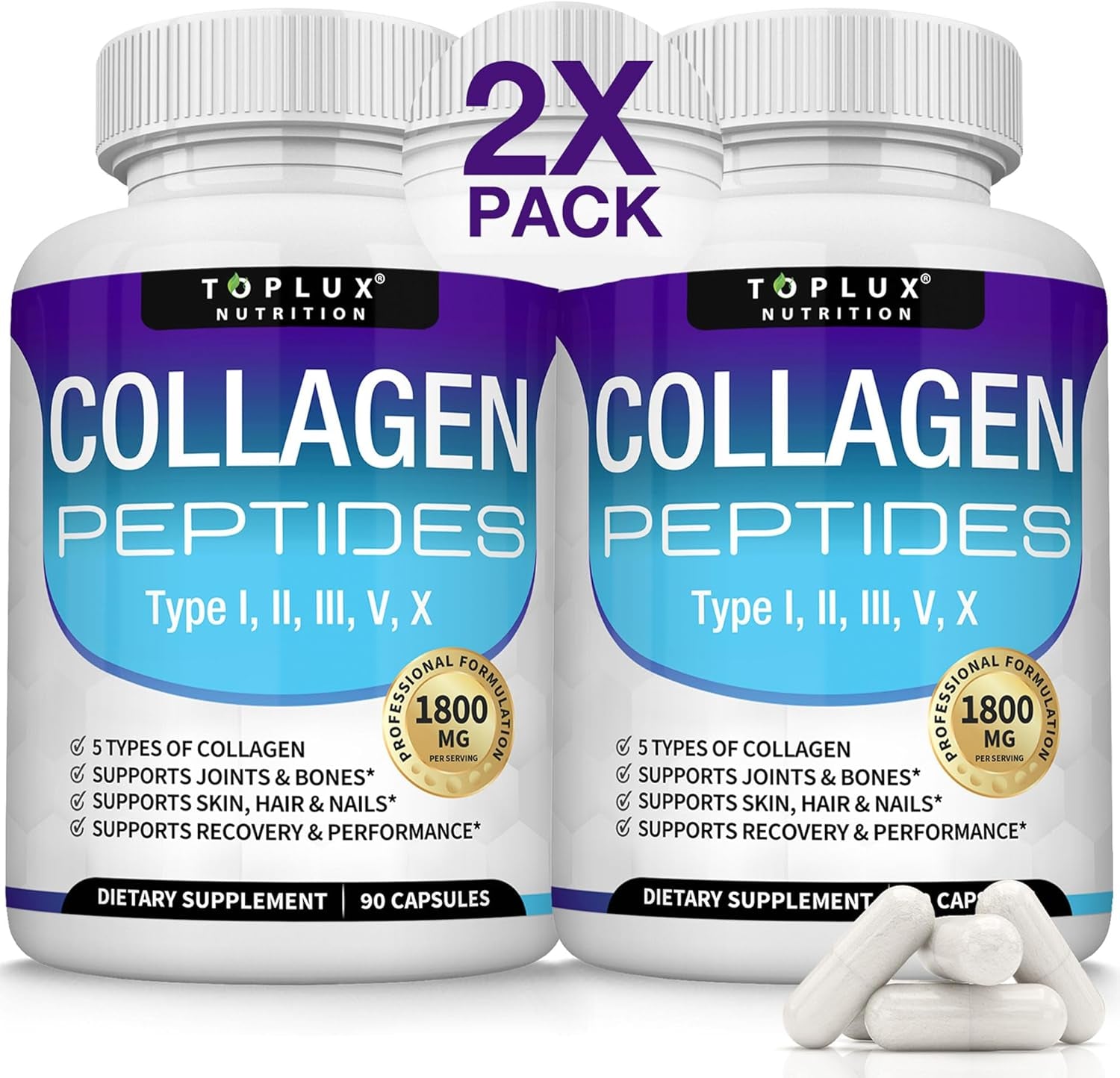 Multi Collagen Peptides Pills 1800 Mg Complex - Type I, II, III, V, X Premium Collagen Complex for Better Skin & Hair, Strong Joint, Hydrolyzed Protein, for Men Women, 90 Capsules, Supplement