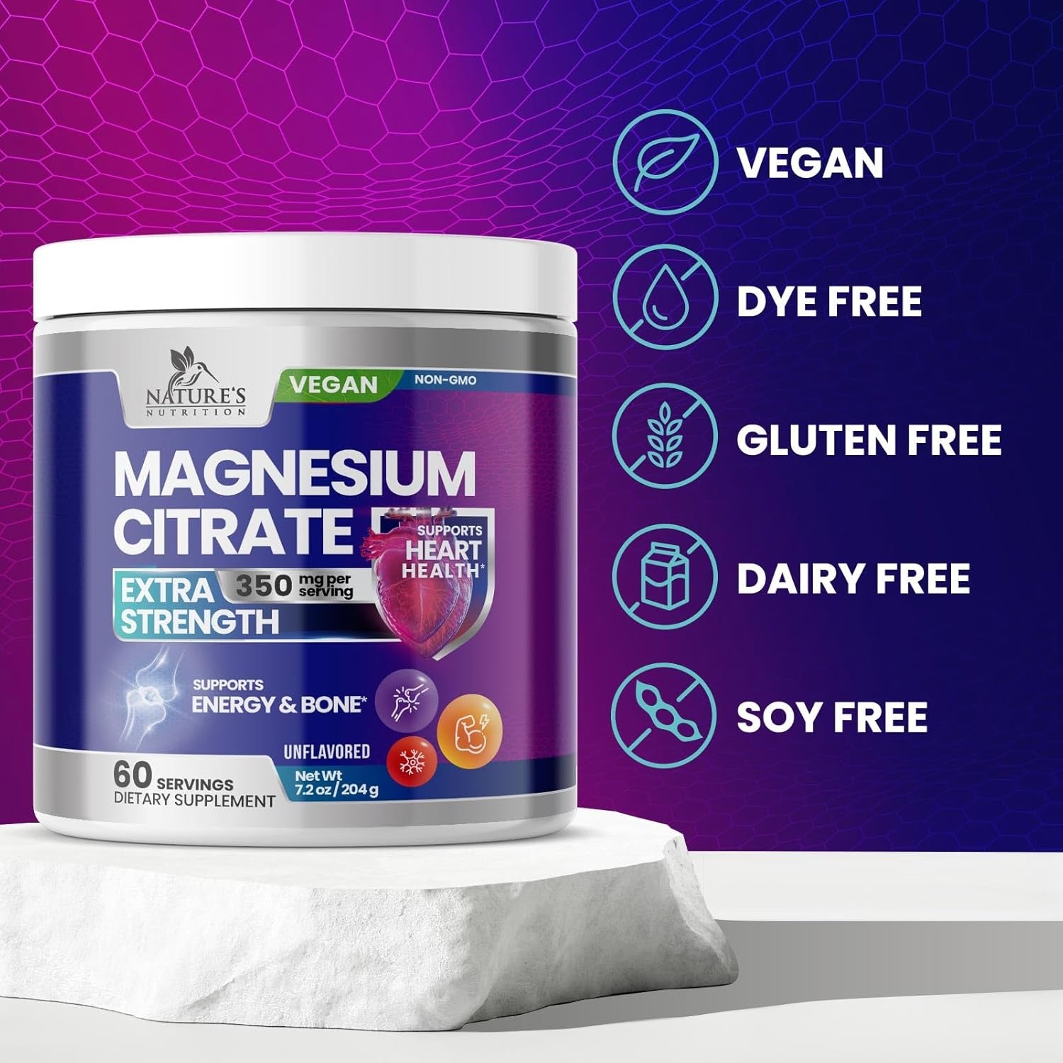 Magnesium Citrate Supplement - Magnesium Citrate Powder Drink Mix Unflavored - Mag Citrate & Aquamin Supplements for Bone, Heart & Muscle Support, Sugar Free, Gluten Free, Vegan - 60 Servings