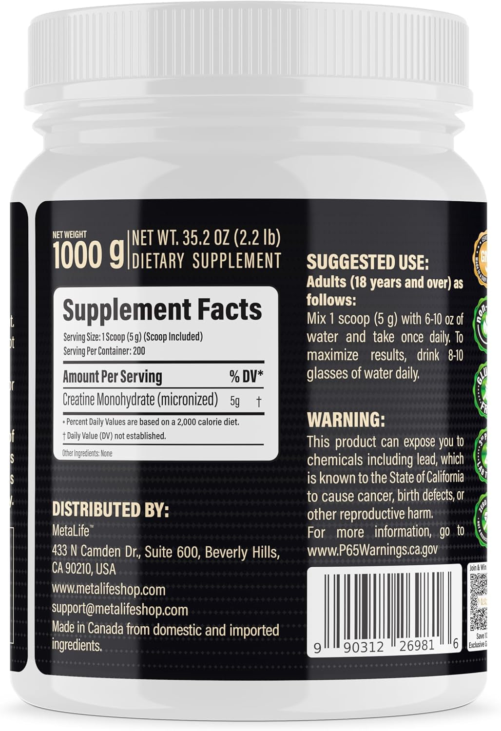 100% Pure Creatine Monohydrate Powder 200 Servings, Micronized Powder, Muscle Growth, Unflavored, Ideal for Athletes & Fitness Enthusiasts, Third Party Lab Tested, Vegan, 1000 G