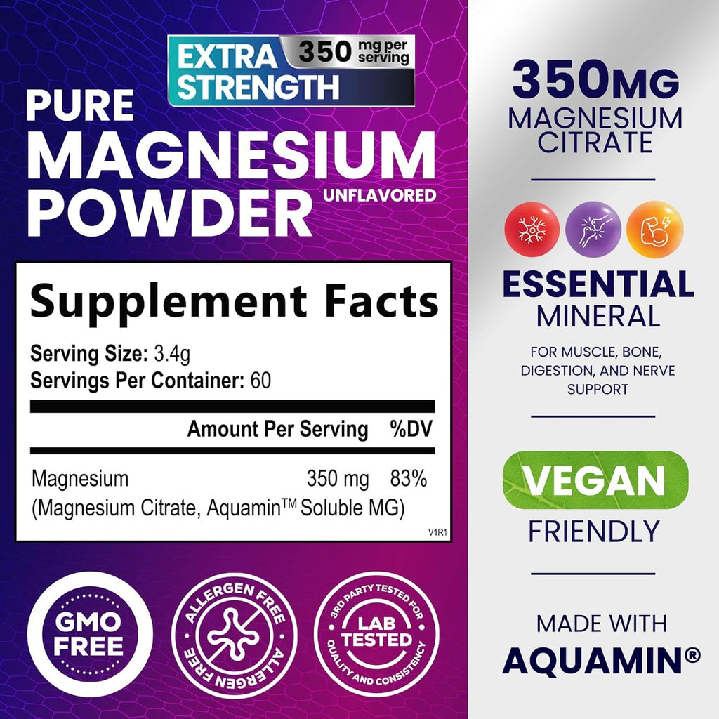 Magnesium Citrate Supplement - Magnesium Citrate Powder Drink Mix Unflavored - Mag Citrate & Aquamin Supplements for Bone, Heart & Muscle Support, Sugar Free, Gluten Free, Vegan - 60 Servings