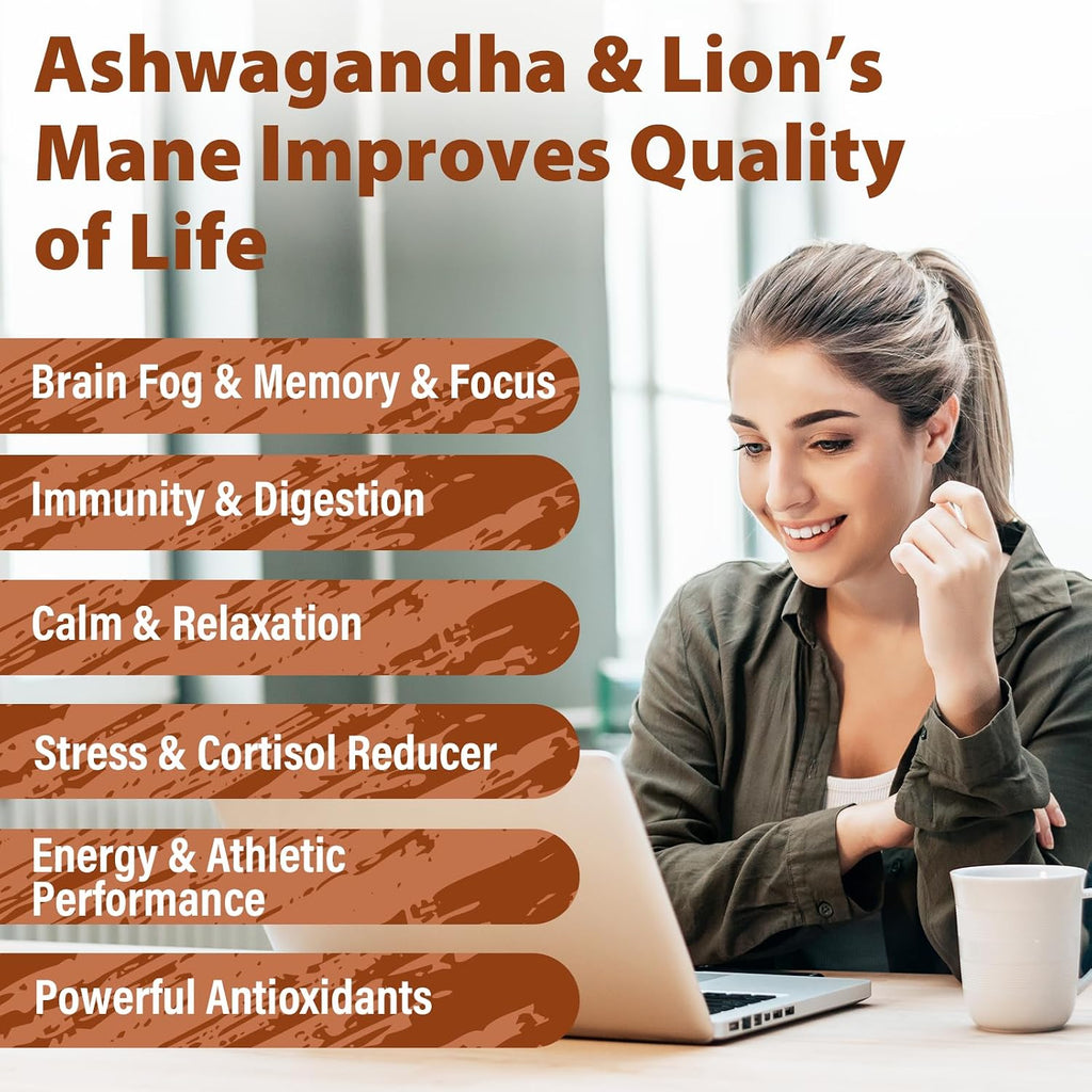 Lions Mane Supplement Capsules & Ashwagandha, Brain Health Supplement for Memory and Focus, Ashwagandha Supplements with Rhodiola & Black Pepper, Cortisol Supplements for Women & Men,90 Caps