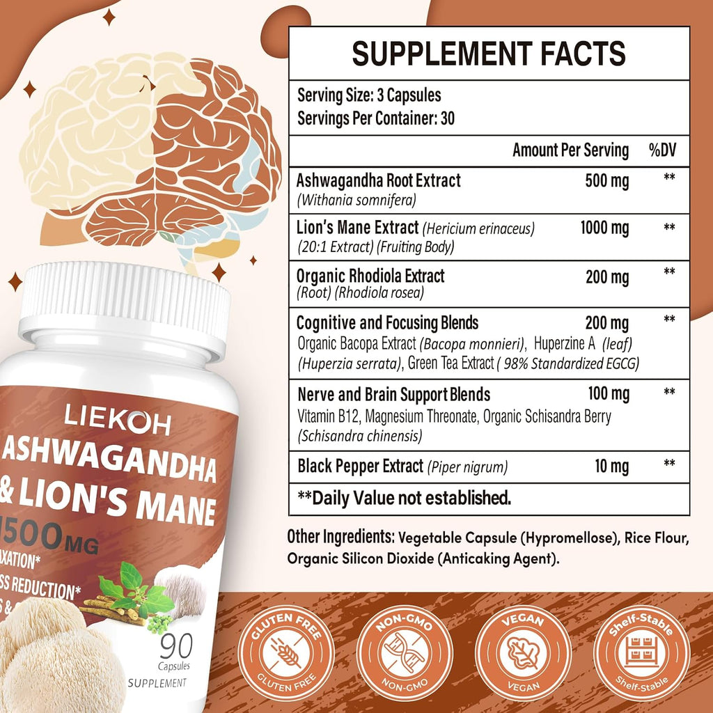 Lions Mane Supplement Capsules & Ashwagandha, Brain Health Supplement for Memory and Focus, Ashwagandha Supplements with Rhodiola & Black Pepper, Cortisol Supplements for Women & Men,90 Caps