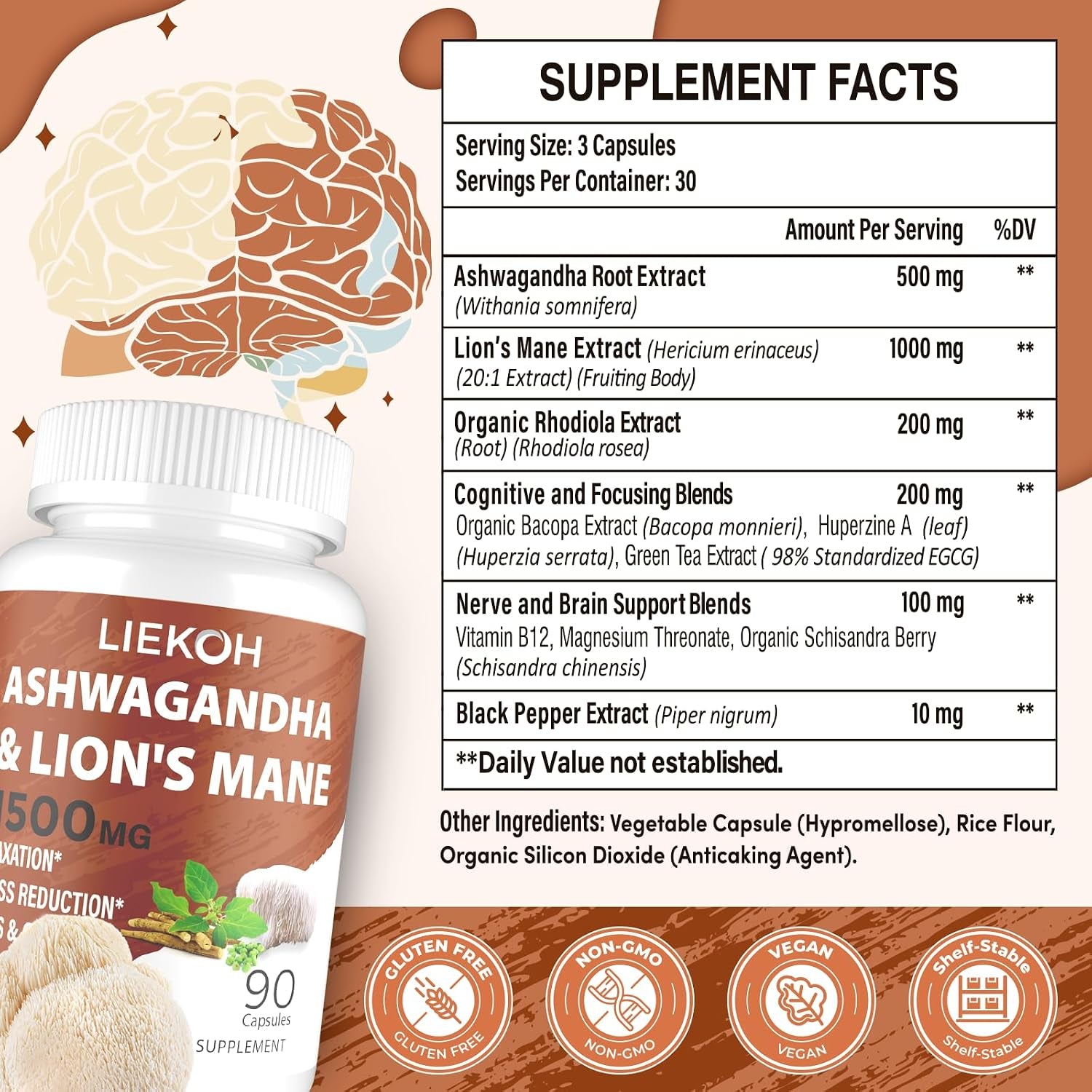 Lions Mane Supplement Capsules & Ashwagandha, Brain Health Supplement for Memory and Focus, Ashwagandha Supplements with Rhodiola & Black Pepper, Cortisol Supplements for Women & Men,90 Caps