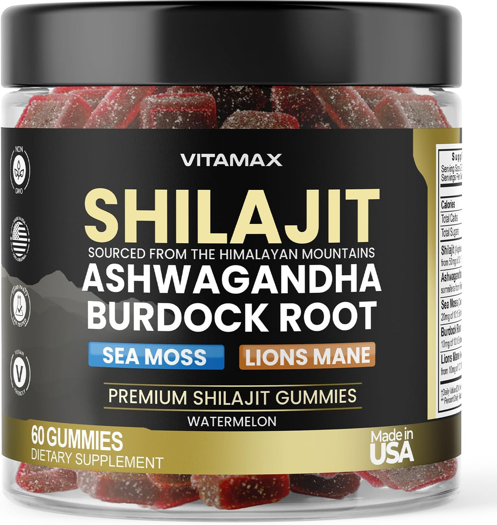 Pure Shilajit Gummies, Sea Moss, Ashwagandha, 105+ Trace Minerals – Organic Burdock Root & Lions Mane Mushroom – Watermelon Flavor - Vegan & Non-Gmo – Made in USA – 60Ct